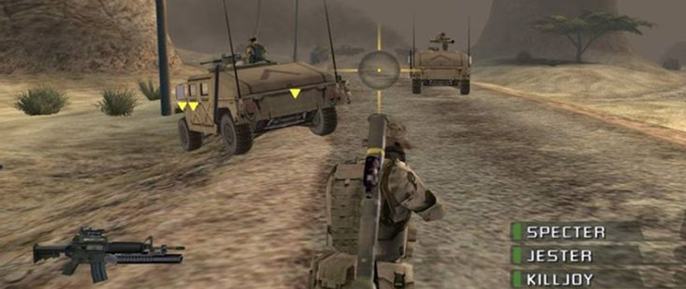 In a browned-out videogame screen, a soldier in fatigues faces off against two mud-colored tanks.