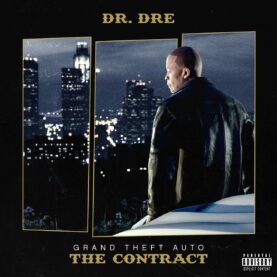 The cover of Dr. Dre's album Grand Theft Auto: The Contract. Dre leans against a desk in front of some large windows, gazing out at a nighttime cityscape.