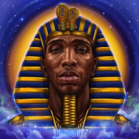 The cover of CJ Fly's the PhaRaOh’S return album featuring a depiction of the artist wearing a pharaoh's headdress and beard ornamentation.