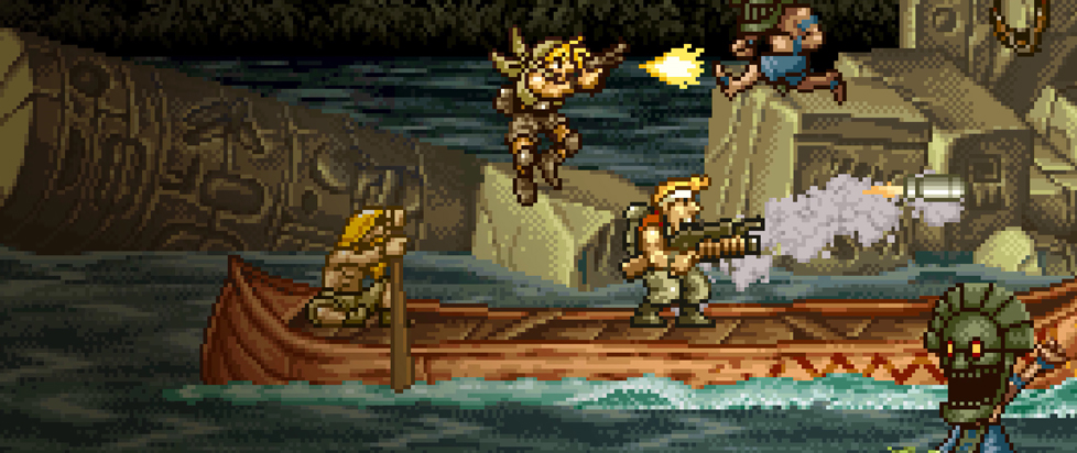A videogame screenshot shows several 16-bit characters engaged in a gunfight while paddling down a river in a canoe. Toppled stone ruins make up the scene behind them.