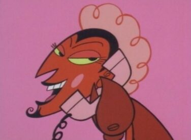 A picture of Him, the roguish devil villain from Powerpuff Girls, speaking on a phone with a sly grin