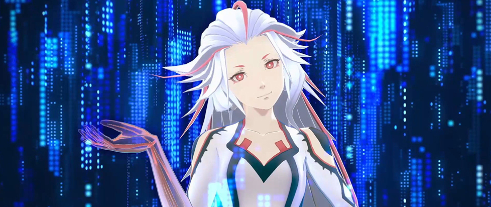 An animated woman gestures in the air serenely in front of blue computer code. She has long white hair with red highlights, light eyes, and is wearing a futuristic white and black outfit.