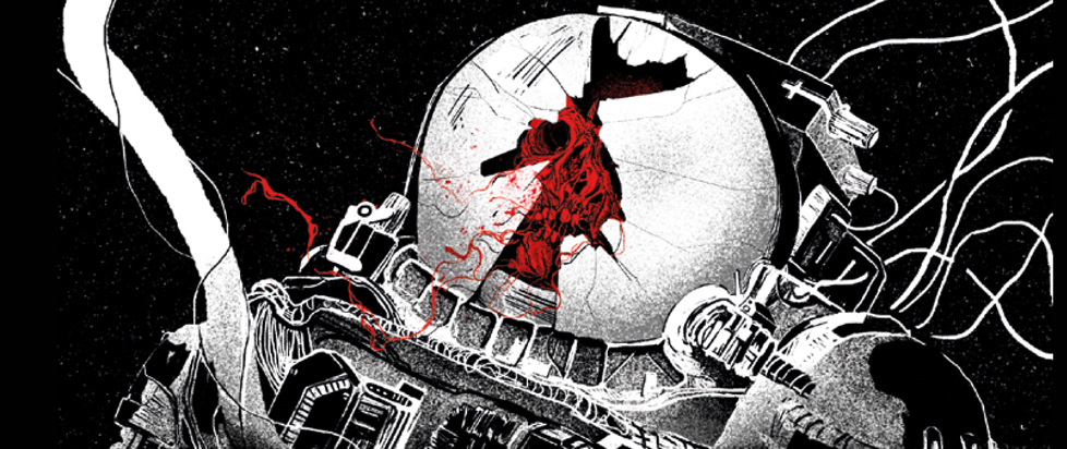 An astronaut floats adrift in darkest space. The face of their helmet is partially shattered, revealing a grimacing red skull within.