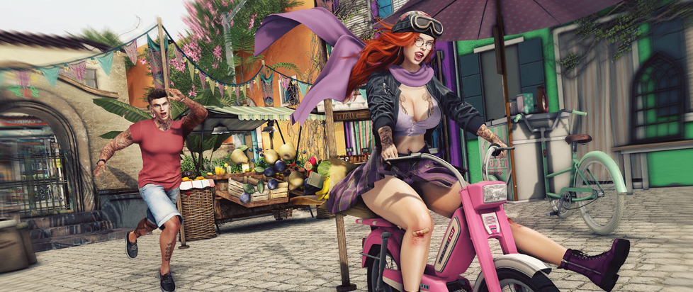 A red-headed woman rides a bicycle down a cobblestone street, scarf flying wildly behind her. A man in jorts and t-shirt chases after her on foot, arms flailing.