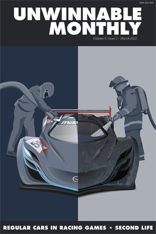 The cover of Unwinnable Monthly #149, featuring two mechanics servicing a sleek race car.