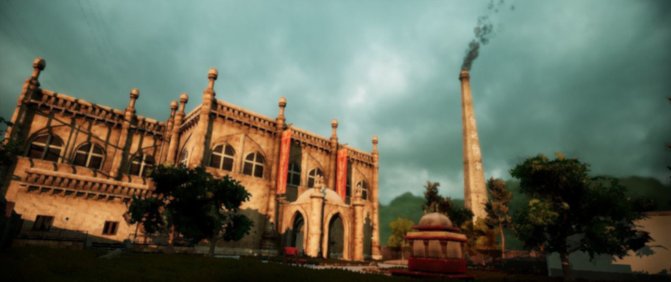 The sunlit facade of the museum in the videogame Mukti. Smoke pours out of a smokestack in the foreground.