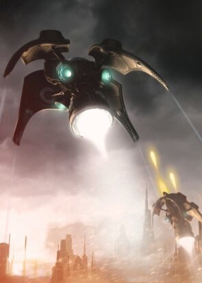 A videogame screenshot shows a massive spacecraft coming in for a landing on an industrial planet while under fire from a defense turret.