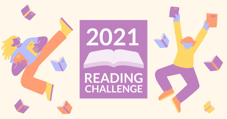 In a pastel graphic from Goodreads' 2021 Reading Challenge, two people holding books dance with joy while books fly around them like confetti.