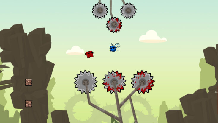 A screenshot from Super Meat Boy shows a little boy made of meat leaping through a gauntlet of bloodied circular saws while a flying enemy approaches.