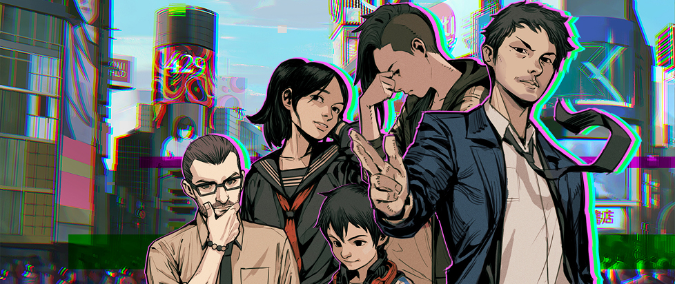 A cast shot of the crew from Ghostwire Tokyo: Prelude, including detective fingerguns, young headache, teenager and child, and thinking guy