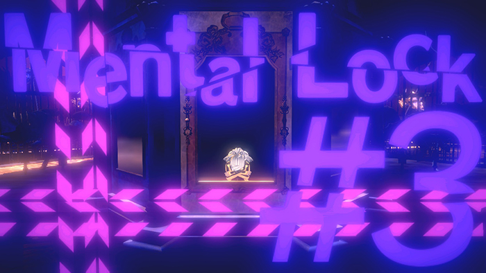 A small figure holds their head in their hands while leaning on a windowsill. The facade of the building they're in is covered in abstract colors and patterns, and the words "Mental Lock #3" appear scattered across the scene as if they were being projected onto it.