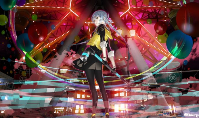 An animated girl stands in front of a colorful abstract background with lines that glow like neon. She has her white hair in braids, is wearing stylish, sporty gear, and holds what looks like a massive bent pipe behind her back.