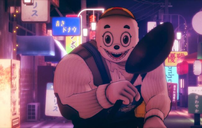 A large person in a smiling panda bear mask hulks in front of a neon-lit nighttime city scene. He is holding a very large frying pan and hulks toward the viewer.