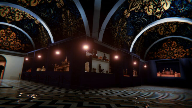 A darkened museum gallery with several artifacts displayed on shelves. The arched ceiling is papered in an ornate damask pattern and the marble floor is done in black and white zigzags, producing a dizzying effect.