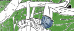 A line drawing of a girl in cutoff jean shorts and sneakers hanging upside down from a large tree branch. She is beaming.