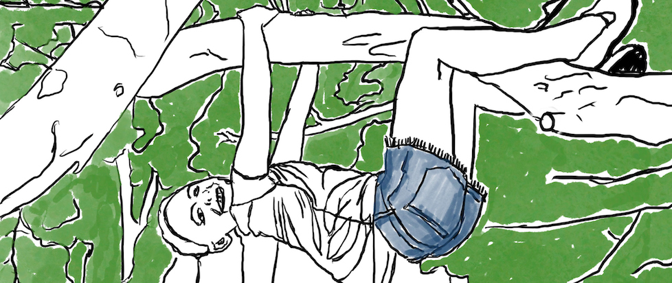 A line drawing of a girl in cutoff jean shorts and sneakers hanging upside down from a large tree branch. She is beaming.