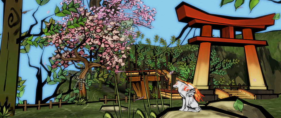 A screenshot from Okami showing its distinctive brushwork art style. In it a large red and whit fox sits under a sakura tree in bloom.
