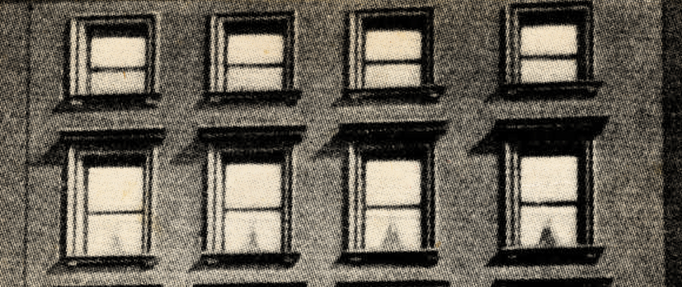 A grainy sepia photograph of the windows on a New Jersey apartment building.