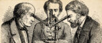 A sepia-toned pen and ink lithograph of three men each looking into an arm of a tripod microscope