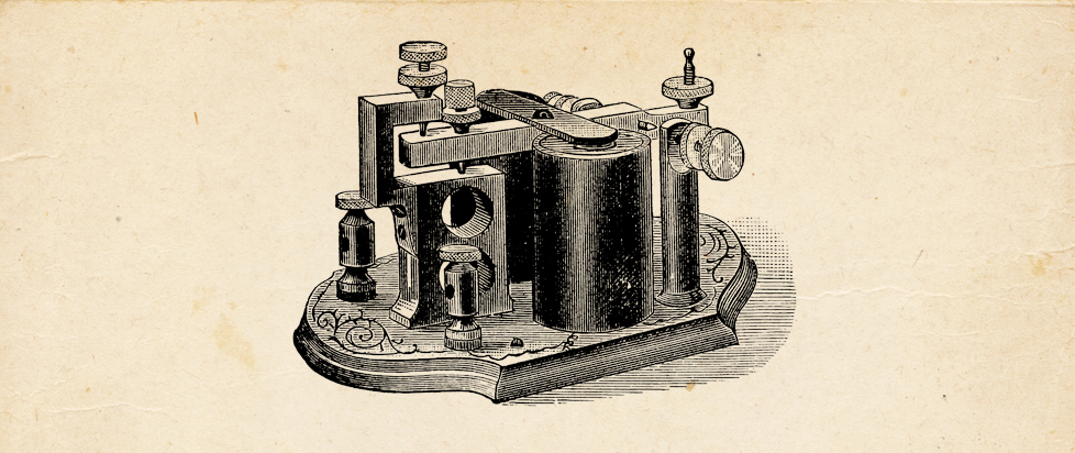 A sepia-toned, pen and ink drawing of a telegraph machine.