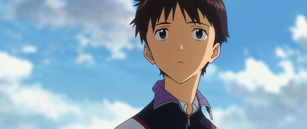 In a still from Evangelion: 3.0+1.0, a dark-haired boy stares longingly in front of a blue sky filled with fluffy clouds.