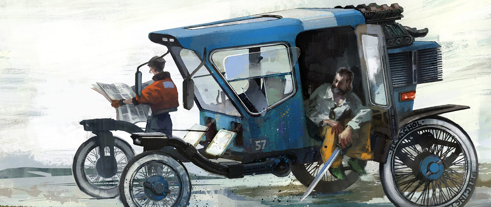 Detective Kim Kitsuragi leangs against his blue police lorry reading a newspaper while his partner Detective Harry Du Boi sits in the cab holding a sword and the painterly white of the Pale looms behind them