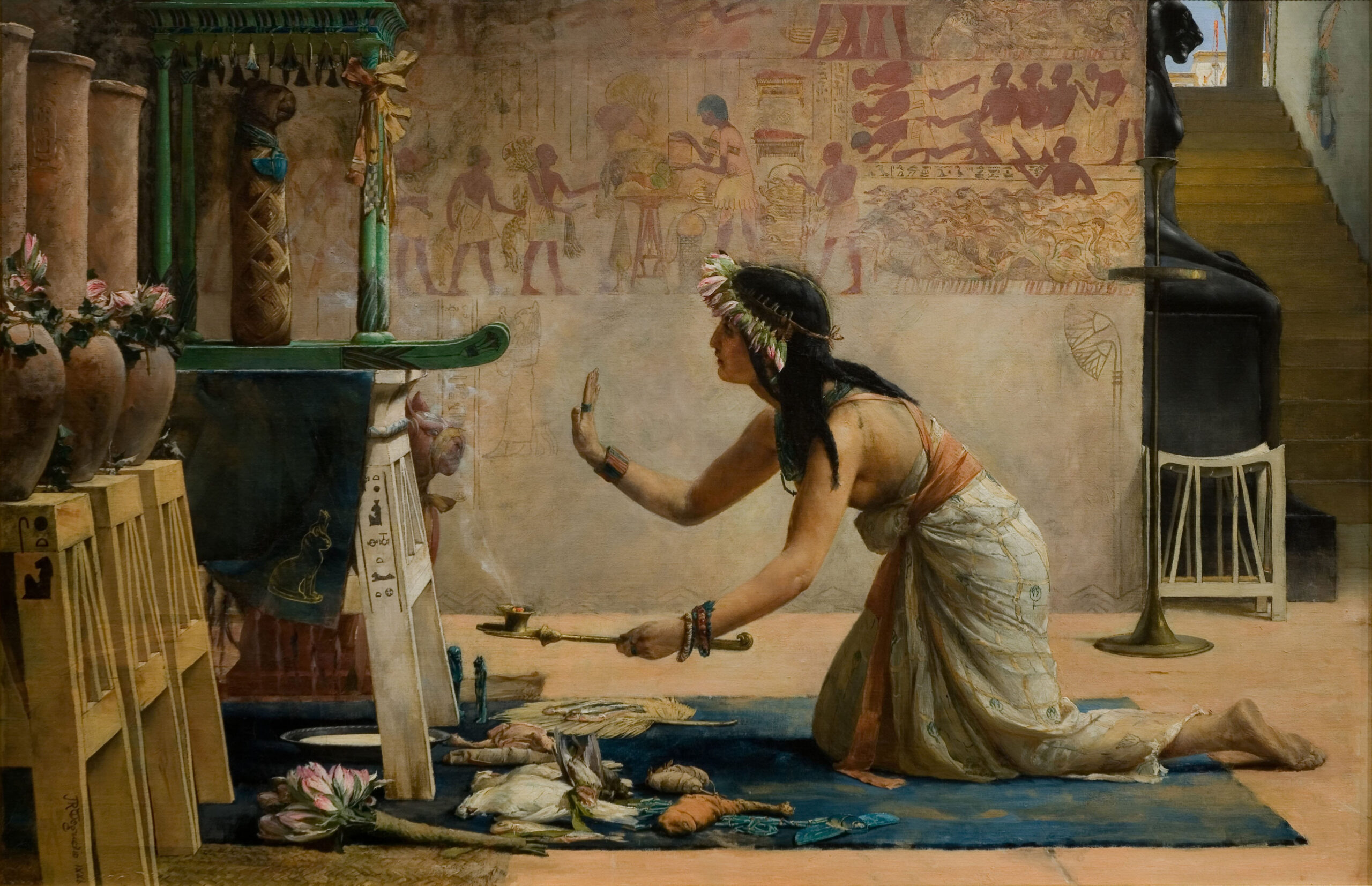 A painting of an Egyptian woman performing a ritual in front of a small stone altar in a tomb. Several colorful motifs adorn the walls behind her.