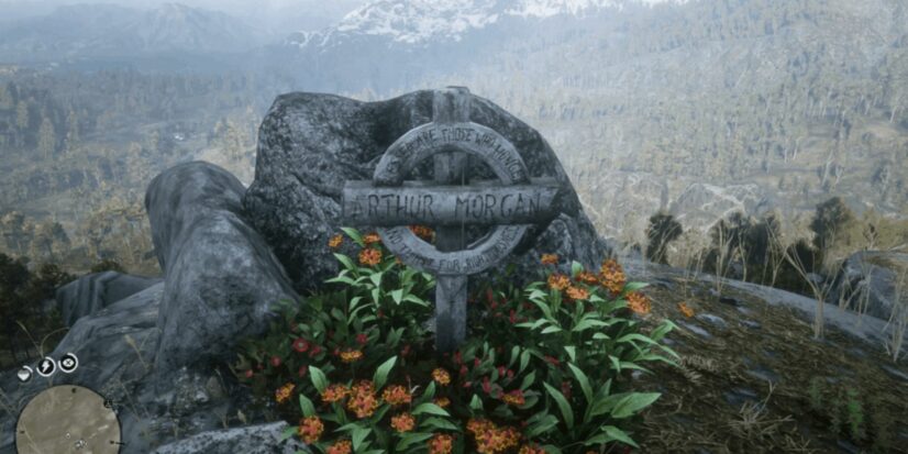 A rough-hewn cross made of stone is inscribed "Arthur Morgan: Blessed are those who hunger and thirst for righteousness." Fiery orange desert blooms grow over the grave.