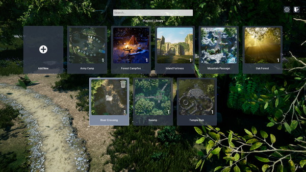 A screenshot from RPGScenery shows the Project Library screen. Over a photorealistic backdrop of a path winding through greenery, icons styled like dark polaroids show a user's works in progress.