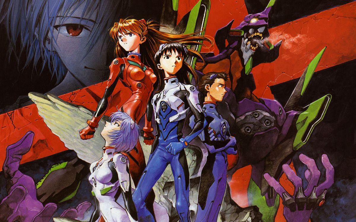 Key art from the Evangelion series shows the main cast gathered together in various power poses. Villains and other mysterious figures lurk in the background.