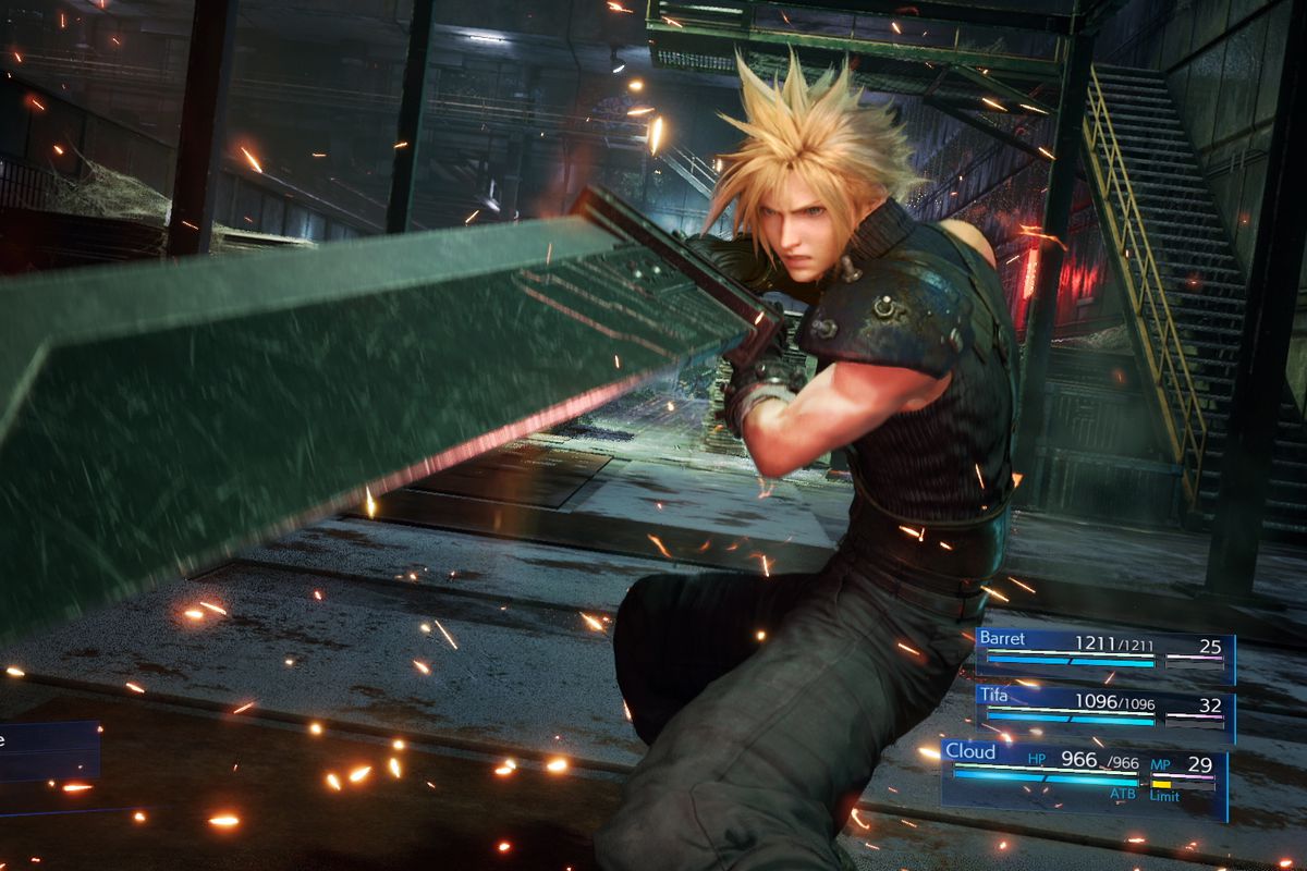 Cloud from Final Fantasy 7 battles unseen enemies inside an industrial building. Sparks shower down around him.