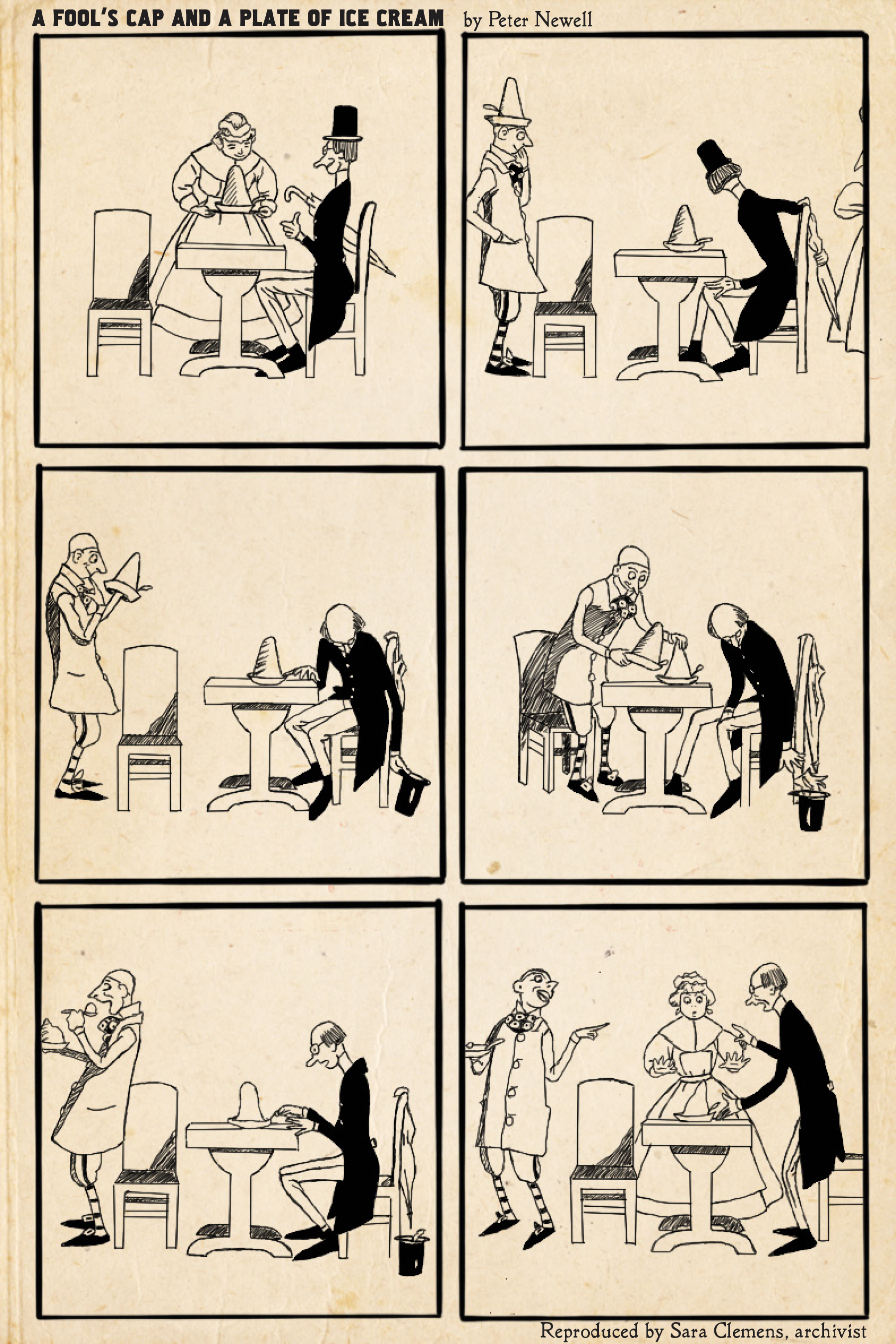 A six-panel comic strip in which a fool replaces a rich man's plate of ice cream with his own (the fool's) hat and the rich man doesn't notice until the last second.