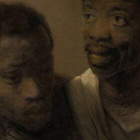 A charcoal drawing of the faces of two Black men in conversation.