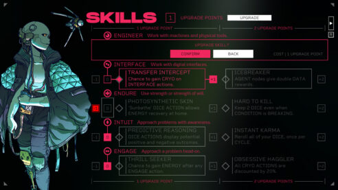 A shot of the Skill Tree page for the game, with the Sleeper on the left in a cool jacket and a robotic face and leg, a drone flying around, and a flow-chart of various skills