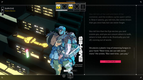 A scene from Citizen Sleeper, featuring a drawing of Emphis carrying all his gear, with game text on the side and the station glowing in the background