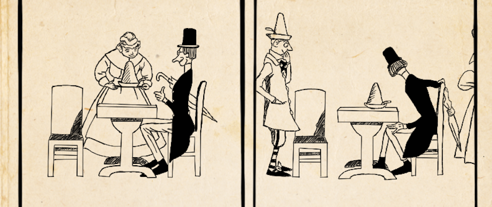 Two panels of a larger comic strip in which a rich man is served a plate of ice cream while a fool takes notice.