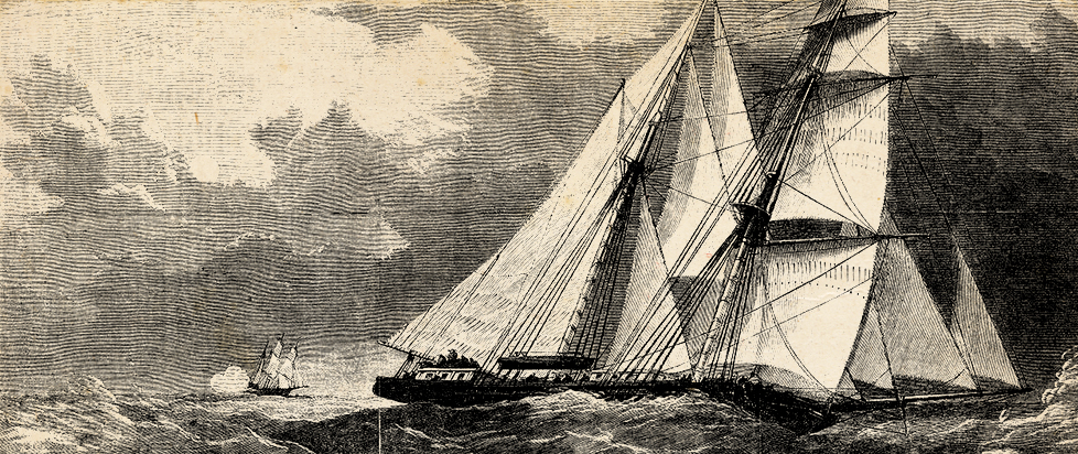 A black and white engraving of a large ship on stormy seas.