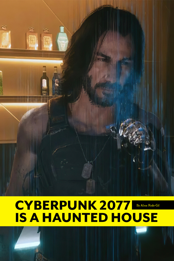 A close-up shot of Johnny Silverhand, Keanu Reeves' character from Cyberpunk 2077. He's a middle-aged man with long dark hair and a beard. He holds a lit cigarette in the hand of his metal left arm.