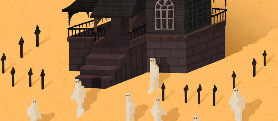 Pixel art Ghosts in front of haunted house.