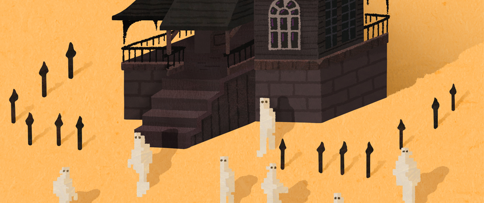 Pixel art Ghosts in front of haunted house.
