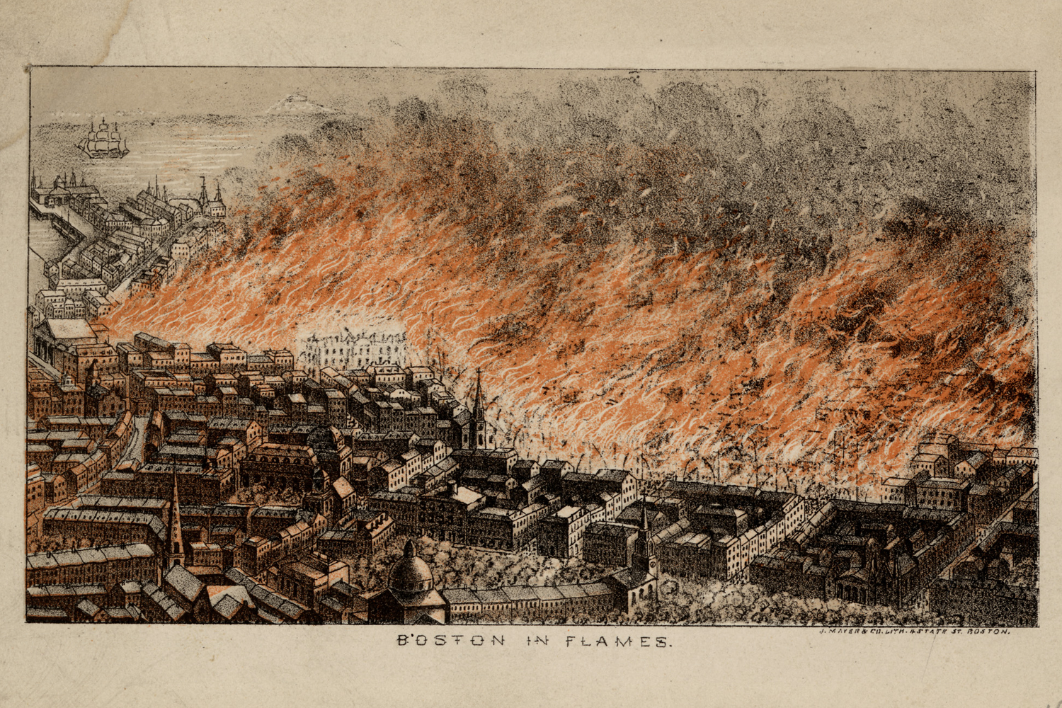 An etching of Boston in flames. The fire is rendered in bright orange while the rest of the line work is black and white.