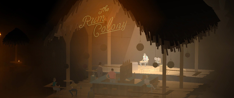 A moody shot of a thatch-roofed tiki bar called The Rum Colony from the videogame Kentucky Route Zero.