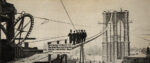 A sepia photograph of seven men in coats and hats standing on a temporary ramp ascending to the top of the still under-construction Brooklyn Bridge.