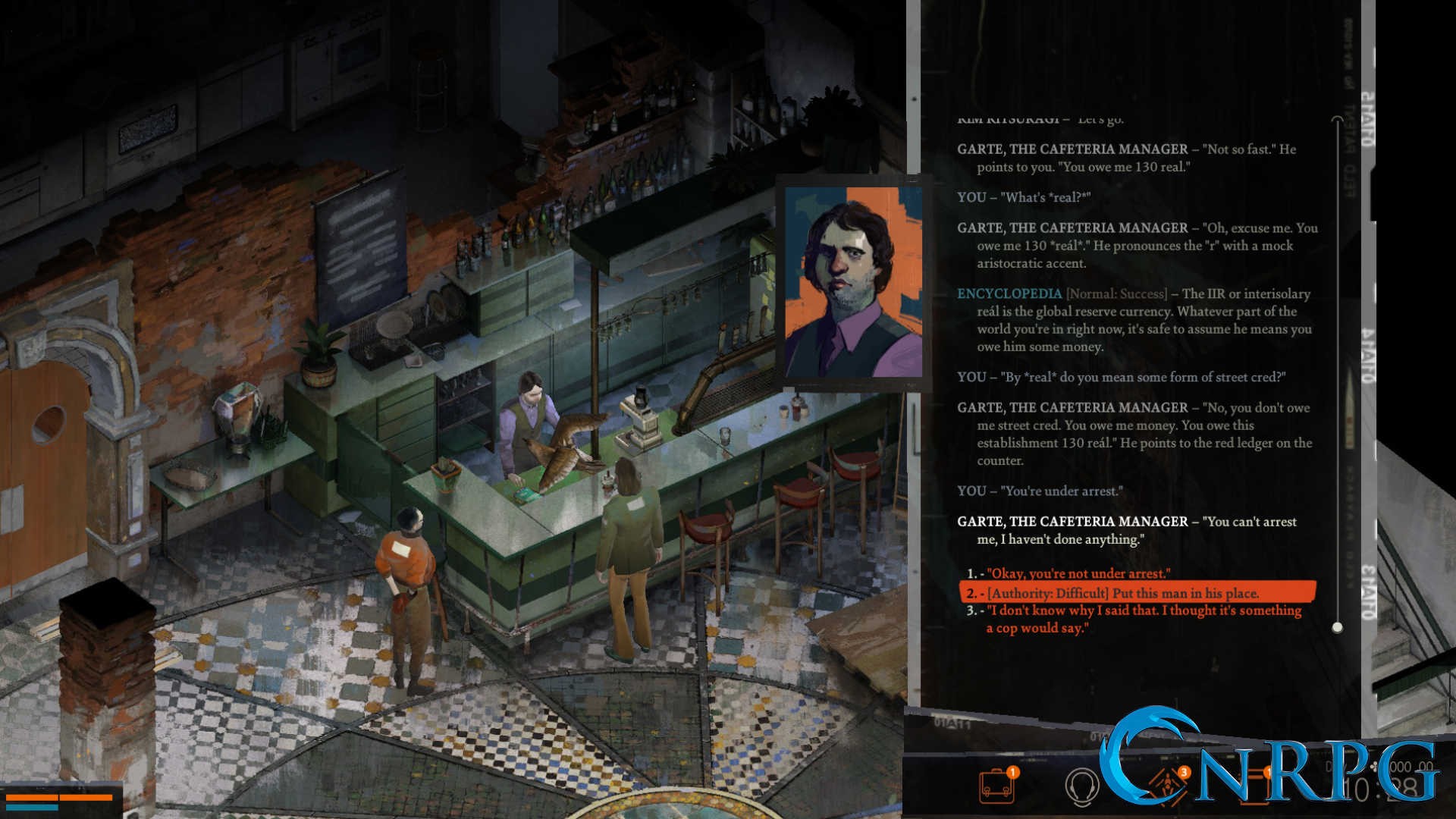 The protagonist of Disco Elysium is hassled by a surly bartender in a screenshot taken from the game.