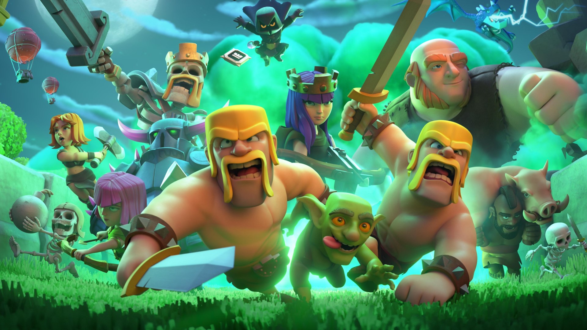 In key art from the mobile game Clash of Clans, several warriors, undead and living alike, emerge with weapons from am almost surreal turquoise cloud, ready for battle.