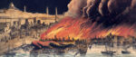 An etching of Boston harbor during the Great Boston Fire of 1872.