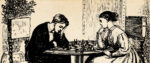A sepia-toned pen and ink drawing of a couple ensconced in a game of chess. The man holds his head in his hands.
