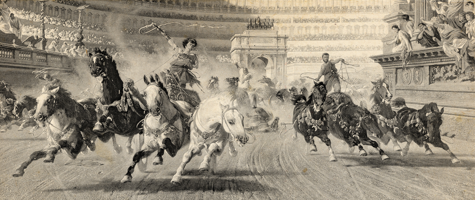 An engraving of a fierce Roman chariot race. The drivers lash at their horses while throngs of people look on.