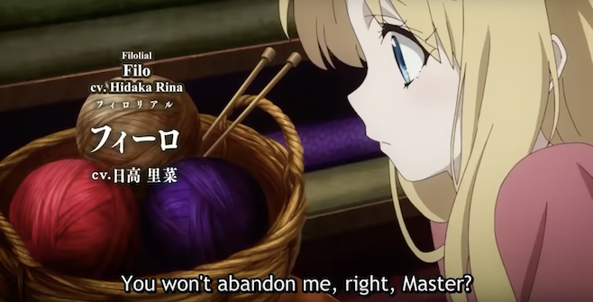 One of the Shield Hero's slaves stares longingly at a basket of yarn and knitting needles, and the caption reads "You won't abandon me, right, Master?"