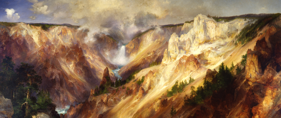 Detail of Thomas Moran's "Grand Canyon of the Yellowstone," featuring a waterfall pouring into a majestic mountain canyon. The cliffs are illuminated with golden, late-afternoon light.